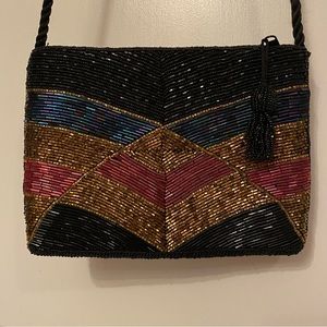 TANO BAG VINTAGE BEADED CROSSBODY SHOULDER BLACK GOLD RED BLUE LONG STRAP ZIP